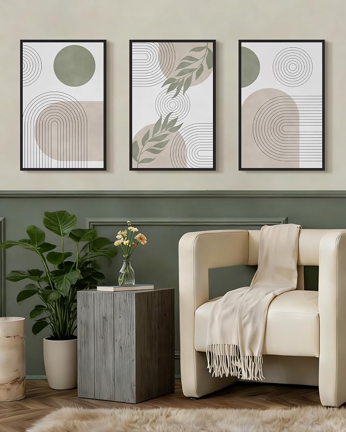 Drsoum Green Bohemian Wall Art Framed Boho Plant Sage Wall Decor Abstract Geometry Artwork Bedroom Home Office Living Room Prints Ready to Hang 16x24in Black Framed