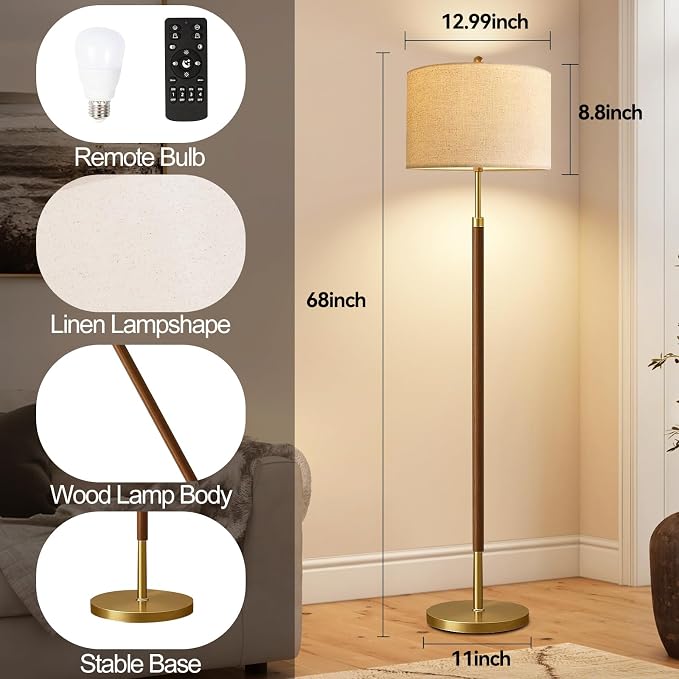 ILLMTW Wood Floor Lamp for Living Room,Bedroom,Vintage Mid Century Modern Standing Lamp with Remote Dimmable,Boho Gold Tall Lamp Fabric Lamp Shade Floor Lights Bohemian Tiffany Style
