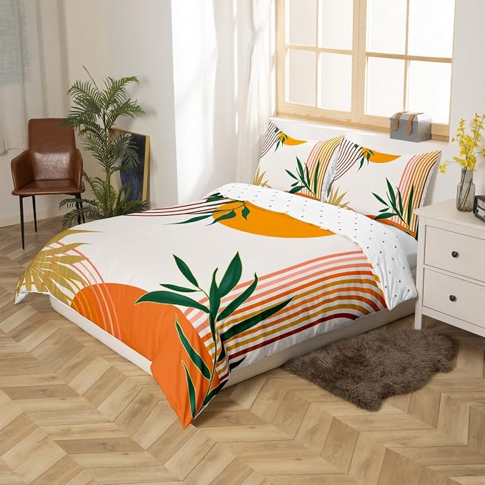 Erosebridal Geometric Leaves Comforter Cover Full for Kids Boys Girls,Mid Century Orange Duvet Cover,Botanical Minimalist Bedding Set,Abstract Modern Bed Set 3 Pcs Bedroom Decor