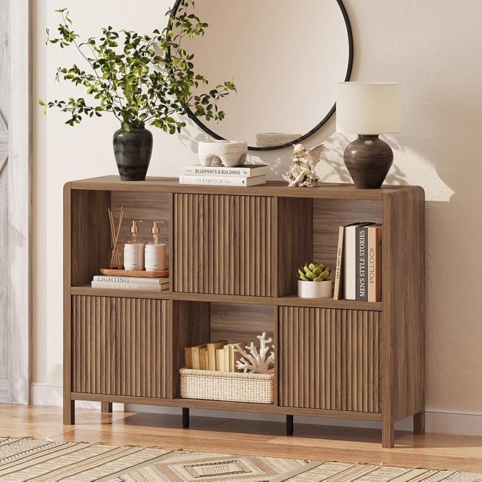 FATORRI 6 Horizontal Bookcase with 3 Doors, Low Farmhouse Cube Storage Organizer, Wood Bookshelf for Home Office, Bedroom, Living Room (Walnut)