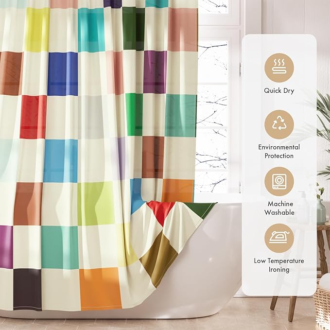 AmazerBath Colorful Checkered Shower Curtain, 72x72 Washable Cloth Modern Geometric Shower Curtains for Bathroom, Fabric Cute Kids Shower Curtain Set & 12 Hooks, Rustic RV Camper Dorm Shower Curtain