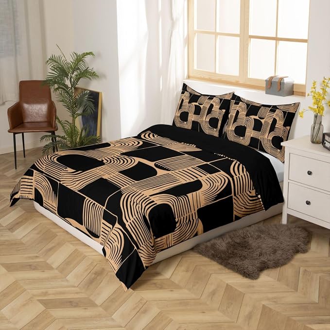 Erosebridal Boho Ethnic Duvet Cover King Size for Boys Geometric Stripes Bedding Set Black Brown Bohemian Striped Comforter Cover for Kids Teens Youth Women Room Modern Simple Aesthetics Bed Sets