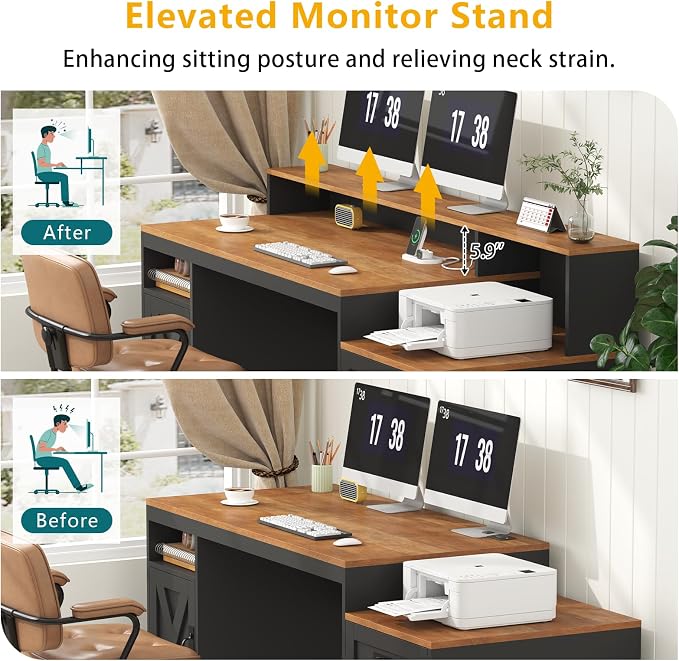 TVU Farmhouse Computer Desk with Drawers, 65'' Home Office Desk with Power Outlets, Storage Cabinet and Printer Stand, Study Writing Desks with Long Monitor Stand, Brown and Black