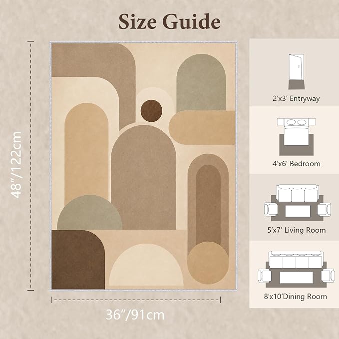 Neutral Geometric Area Rug 3x4, Mid Century Modern Abstract Rug, Soft Taupe Beige Color Block Washable Low Pile Non Slip Rug for Living Room Bedroom