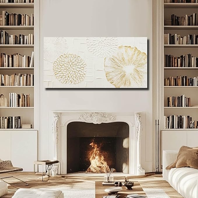 VAYIMDH White Wall Art Floral Paintings Hand Drawn Wall Decor Gold Arts Pictures 29"x58" Artwork for Living Room Dinning Room