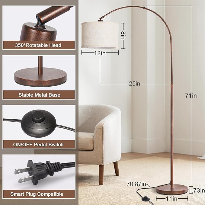 Floor Lamp for Living Room, Vintage Arc Floor Lamp with Adjustable Lamp Head, Tall Pole Lamp with On/Off Pedal Switch, Over Couch Arched Reading Light for Bedroom, Office, Study Room (Antique Bronze)