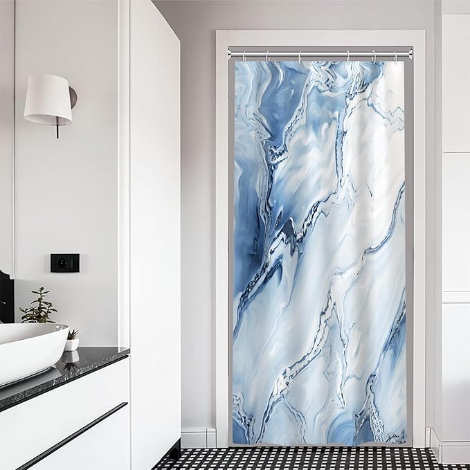 Stall Shower Curtain, Blue Marble Small Shower Curtain Modern Waterproof Narrow Shower Curtain Set with Hooks, 36x72 Inch