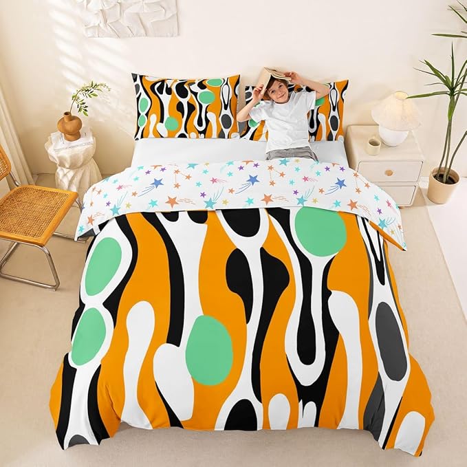 Erosebridal Organic Abstract Duvet Cover Set Modern Contemporary King Bedding Set for Adult Men Boho Mid Century Wavy Lines Comforter Cover Retro Geometric Bed Sets,Orange Green