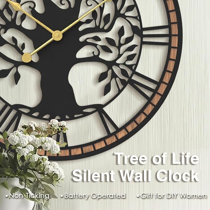 Micasso Wall Clocks Battery Operated: 15Inch Farmhouse Tree of Life Metal with Wood Frame - Rustic Roman Numerals Clock for Living Room/Office/Bedroom/Kitchen - Home Decor for Fashion-Conscious
