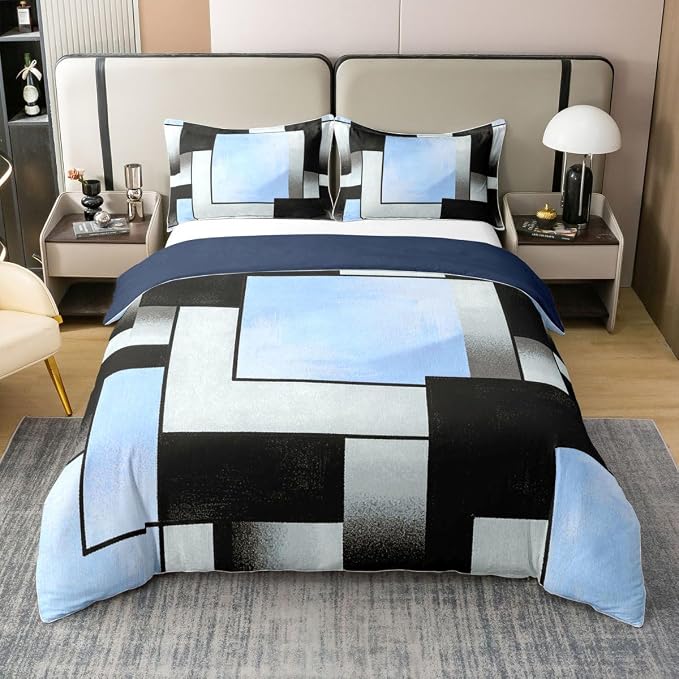 Erosebridal Blue Black Grey Bedding Set Queen Square Geometric 100% Cotton Duvet Cover Abstract Grid Patchwork Comforter Cover for Kids Teens Adults Contemporary Mid Century Bed Set 3 Pcs