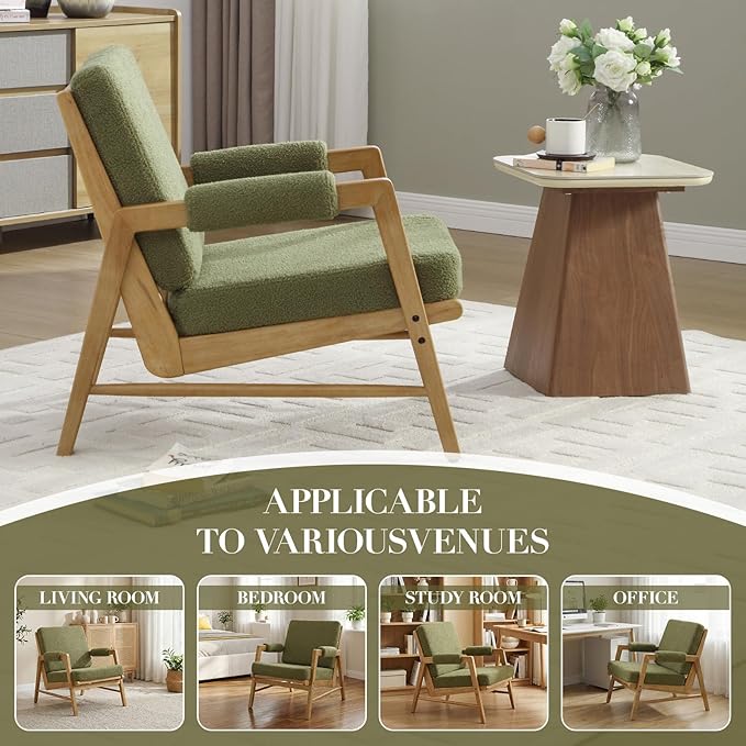 CIMOTA Mid Century Modern Accent Chair Set of 2, Boucle Upholstered Living Room Chairs with Arms, Comfy Reading Chair with Solid Wood Frame, High Back for Bedroom, Waiting Room, Office, Green