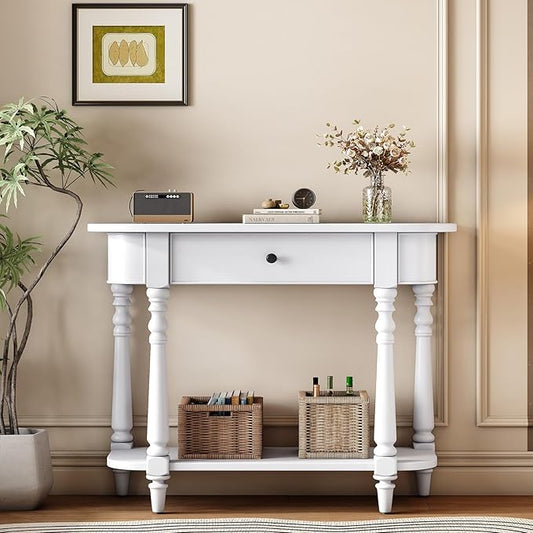 Retro Curved Console Table, 36" Solid Wood Half Moon Console Table Sofa Table Entryway Table with 1 Drawer 1 Open Shelf Roman Legs Curved Corners for Living Room,Entryway,Hallway,White
