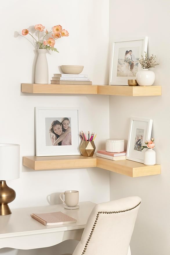 Kate and Laurel Havlock Modern Wood Two-Piece Floating Corner Shelf Set, 26 x 8 x 3, Natural Wood, Wooden Corner Kitchen Shelving with Unique Geometric Shape for Living Room Decor or Entryway Storage