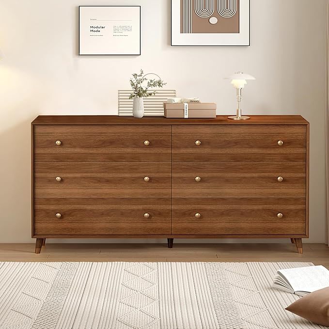6 Drawer Dresser For Bedroom, 55 Inch Dresser for Closet with Walnut Frame, Modern Solid Wood Chest of Drawers with Natural Texture & Pre-Embedded Slots For TV Stand, Living Room, Hallway, Office