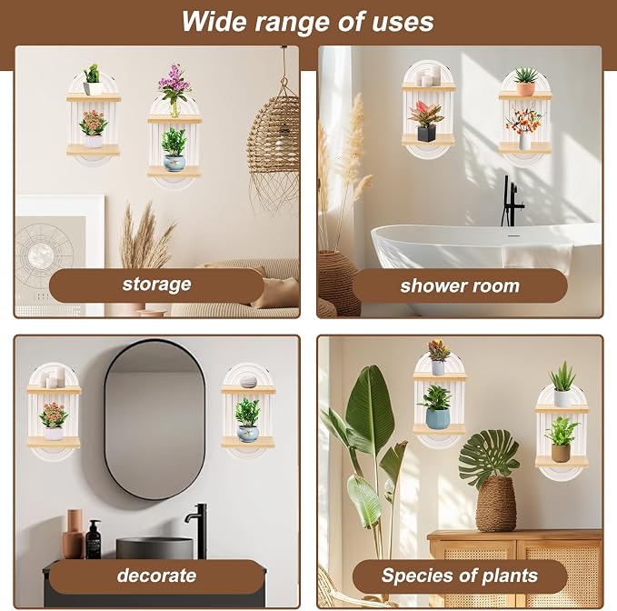 Qivine Boho Wall Shelf 2 Pcs 2 Tier Shelves for Room Wall Wood Floating Shelf with Arched Wood Design Wall Mounted for Living Room, Bedroom, Bathroom Decor (White, 2-Tier)