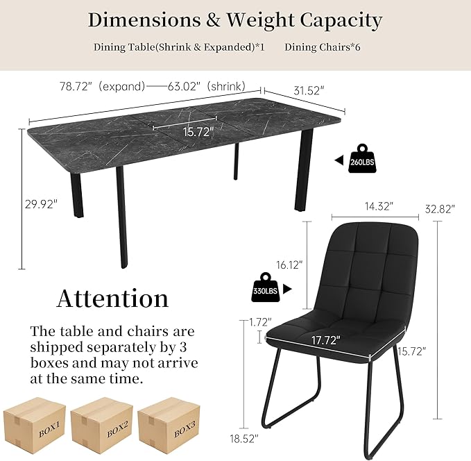 Extendable Dining Table Set for 6-8 People, 63 to 78.7 Inch MDF Kitchen Table with 6 Faux Leather Dining Chairs, Space-Saving for Dining Room, Breakfast Nook (Dark Grey Table & 6 Black Leather Chairs)