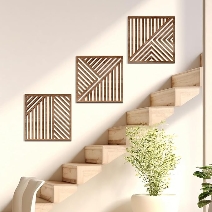 Bnesi 3 Piece Abstract Geometric Wood Wall Art Decor Modern Boho Minimalist Slatted Design Wall Sculpture Art Decor for Living Room Bedroom Home Bathroom (Classic, Medium)