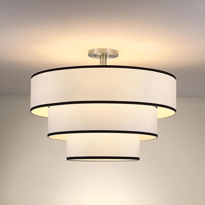 Doraimi Lighting 3 Tier Black White Linen Drum Fabric Semi Flush Mount Light Modern Farmhouse Decor 7 Light 24 Inch Brushed Nickel Finish for Kitchen Living Room Dining Room Corridor Hallway