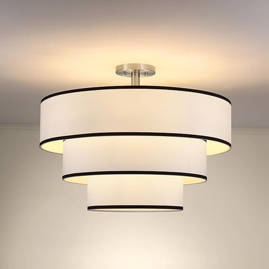 Doraimi Lighting 3 Tier Black White Linen Drum Fabric Semi Flush Mount Light Modern Farmhouse Decor 7 Light 24 Inch Brushed Nickel Finish for Kitchen Living Room Dining Room Corridor Hallway
