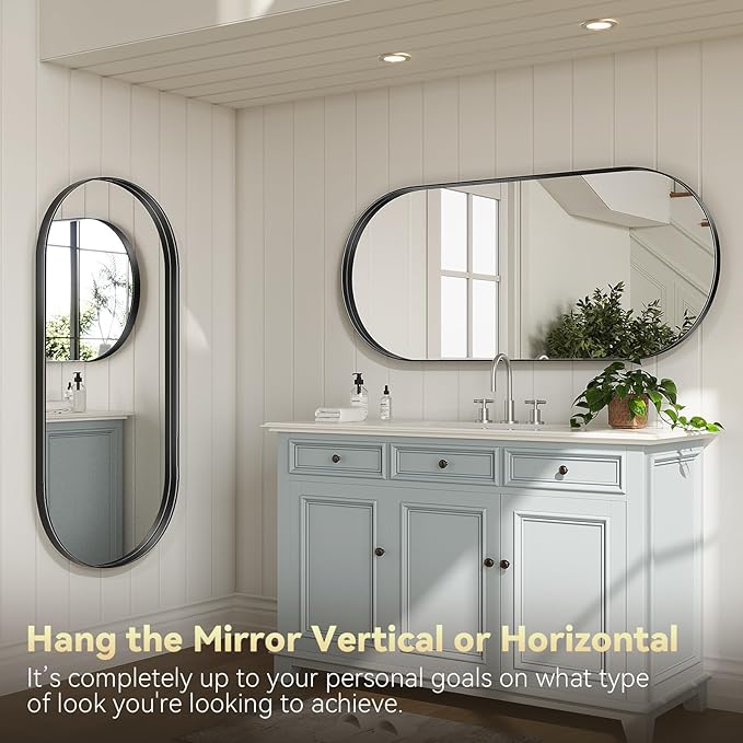 Brightify Black Oval Mirror for Wall 24x48 Inch, Metal Framed Bathroom Vanity Mirrors, Full Length Wall Mirror for Entryway Living Room Wall Decorative Hang Vertical and Horizontal