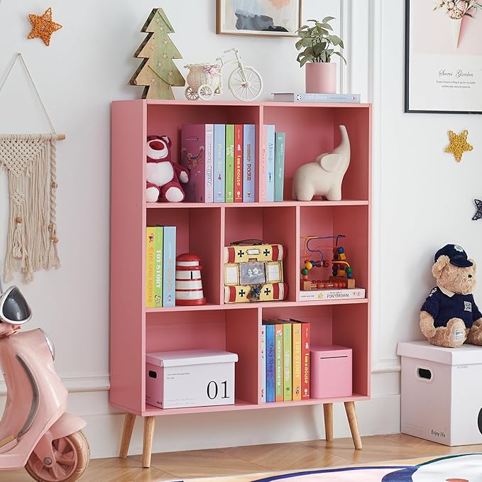 LEYAOYAO Cube Bookshelf 3 Tier Mid-Century Light Pink Modern Bookcase with Legs,Retro Wood Bookshelves Storage Organizer Shelf,Freestanding Open Book Shelves for Bedroom,Living Room,Office