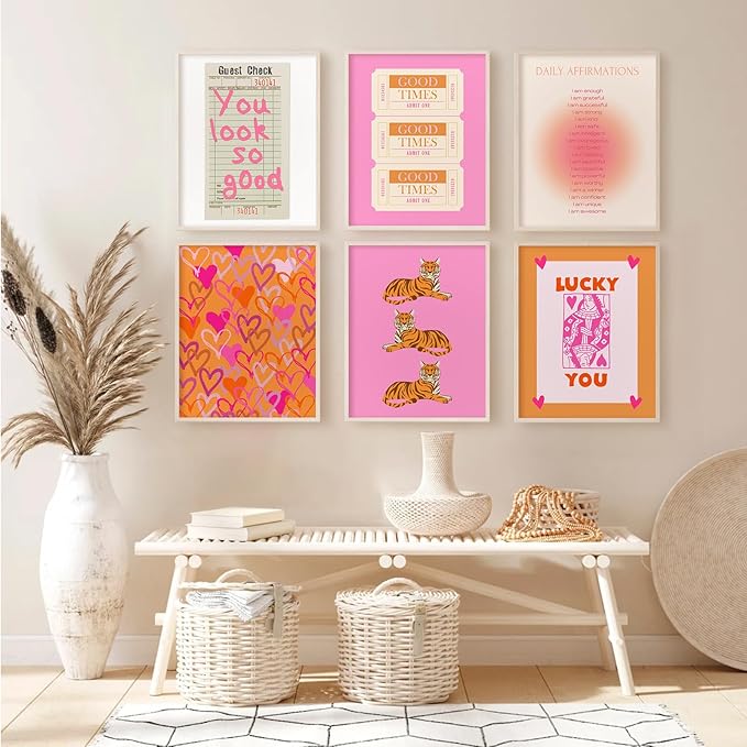Preppy Wall Art Pink Orange Wall Decor Trendy Canvas Wall Art Aesthetic Pictures Girl Posters Inspirational Daily Affirmation Prints Lucky You Artwork Set of 6 for Dorm Room 8x10 Inch Unframed
