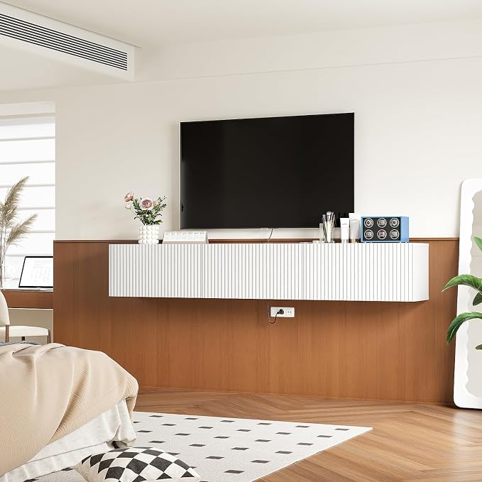 Floating TV Stand with 3 Doors,47IN Wall Mounted TV Cabinet,Floating Media Console Slatted Entertainment Center with Storage,Under TV Shelf for Bedroom Living Room,White