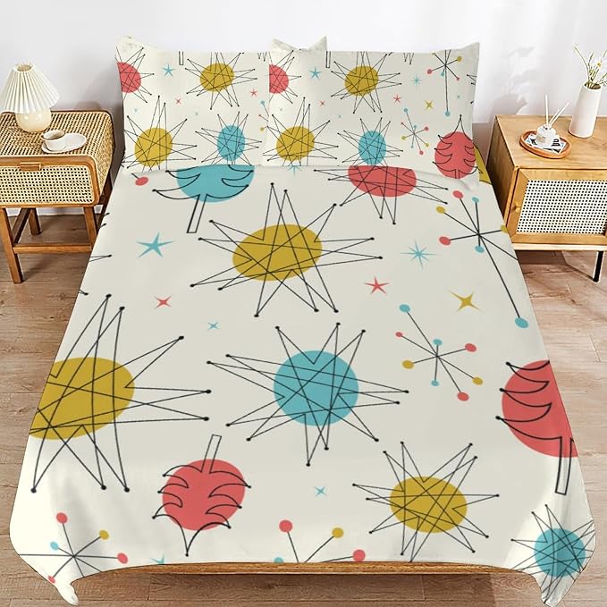 Mid Century Duvet Cover Queen Retro Atomic Bedding Set, Rainbow Grid Comforter Cover Vintage Fifties 1950s Bed Set，Abstract Art Bedding 3 Piece (1 Duvet Cover 86"x70" + 2 Pillow Sham 20"x30")