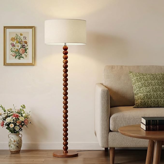 Buruis 61" Beaded Wood Floor Lamp with 17.2" Large Linen Shade, Retro Mid-Century Accent Walnut Finish Standing Lamp for Living Room, Bedroom, Office, Corner, UL Listed, Bulb Not Included, Cream