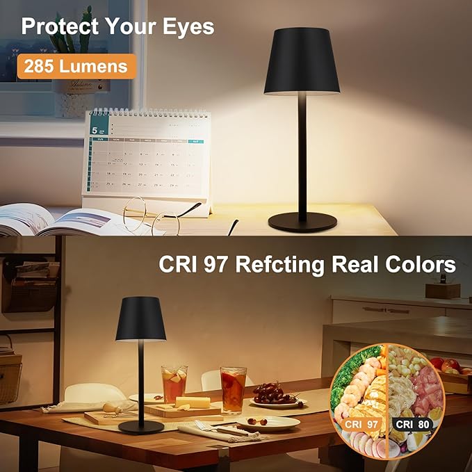 Black Cordless Table Lamp - 8-20 Inches Adjustable Height, 5000mAh Rechargeable Battery LED Desk Lamp, 3 Color Stepless Dimmable, Portable Waterproof Metal Table Light for Indoor/Outdoor