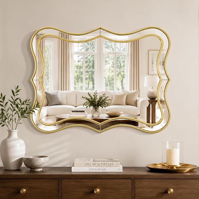 Gold Scalloped Wall Mirror, 24”x32“ Rectangle Wavy Mirrors, Wall Decor Mirror for Living Room,Bedroom,Bathroom,Entryway