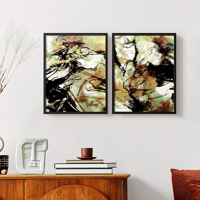 Renditions Gallery Set of 2 Peel & Stick Framed Prints, Abstract Wall Art, Vaping Smoke Design Wall Decor, Re-Stickable - Ready to Hang - 22"x28" - Black Frame LT588