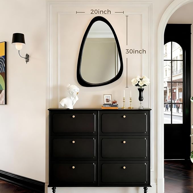 Asymmetrical Mirror, 30"x20" Unique Irregular Wall Mirror, Wood Mid Century Modern Mirror Decor for Bathroom Bedroom Living Room Entryway Hallway (Black)
