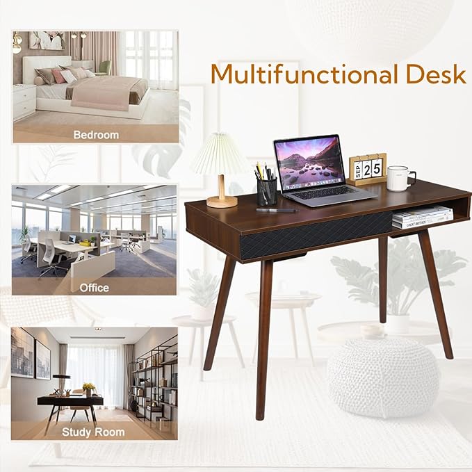 GarveeHome 42 in Mid Century Home Office Writing Desk, Modern Simple Computer Desk with Drawer and Open Storage Cubby, Small Vanity Table Desk for Bedroom, Walnut