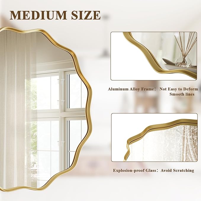 VooBang Gold Scalloped Circle Mirror, 30" Wavy Edge Round Wall Mirror with Tempered Glass Textured Circular Metal Deep Frame, Hanging Leaning for Bathroom, Hallway, Entryway, Livng Room