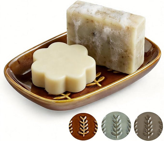 Soap Dish for Shower, Ceramic Soap Holder Soap Dishes for Large Bar Soap Sponge, Decorative Soap Saver Tray for Bathroom Kitchen Sink Bathtub, Pro-Environment, Extend Soap Life, Dark Brown