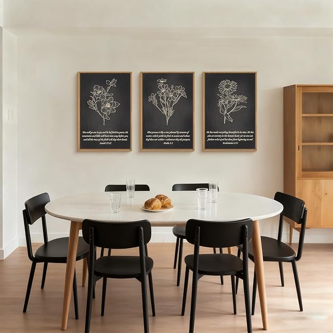 FWIEXA Black Christian Bible Verse Canvas Wall Art Set of 3, Minimalist Scripture Wall Decor, Religious Beige Abstract Floral Painting, 24x36In Vintage Artwork for Living Room,Bedroom,Prayer Room