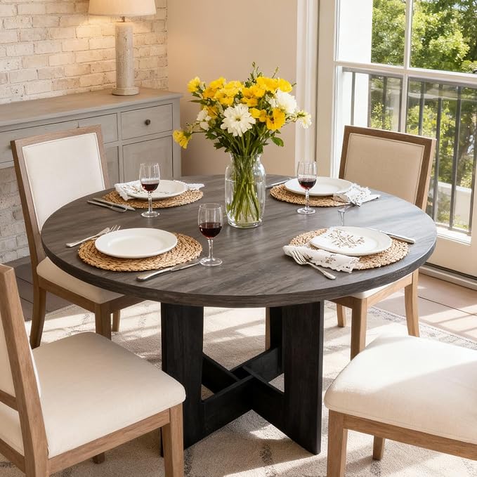 Round Dining Table for 4, 43.3" Kitchen Table for Dining Room, Circle Farmhouse Kitchen Table, Wood Dinner Table for Kitchen, Living Room, Apartment, Grey-Black