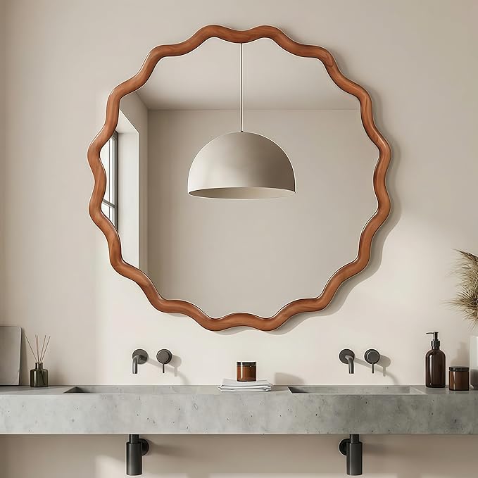 24 Inch Wooden Wavy Round Wall Mirror, Modern Solid Wood Frame Circle Decorative Accent Mirror for Bedroom, Bathroom, Living Room, Entryway, Yellowish Brown