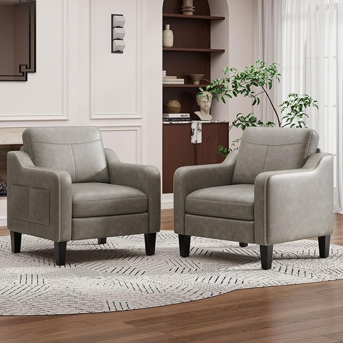 MALOL PU Leather Accent Chair Set of 2, Mid-Century Modern Living Room Armchair Sofa with Removable Cushions, Solid Wood Frame & Stitched Armrest Design, Bedroom Chair with Plastic Legs, Grey