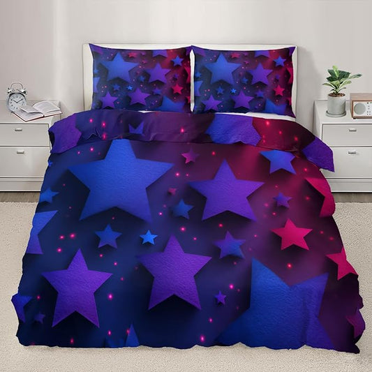 Blue Purple Stars Duvet Cover King Size, Colorful Dark Bedding Set 3 Piece, Neon Lights Stars Patterned Comforter Cover with Zipper Soft Microfiber, 2 Pillowcases