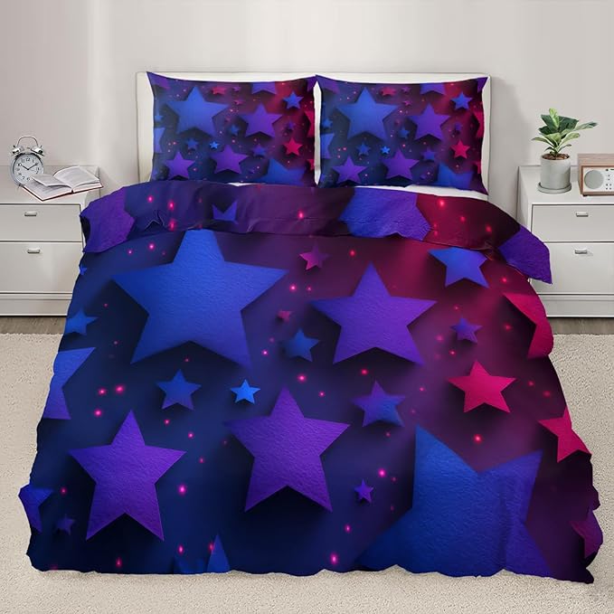 Blue Purple Stars Duvet Cover Queen Size, Colorful Dark Bedding Set 3 Piece, Neon Lights Stars Patterned Comforter Cover with Zipper Soft Microfiber, 2 Pillowcases