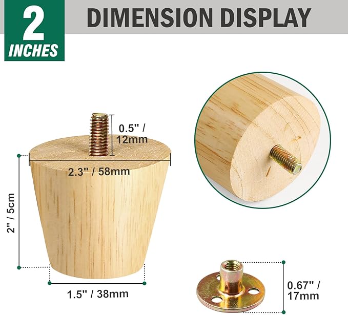 FoDau770 Rubber Wood Furniture Legs 2 Inches, Straight Tapered Wood Feet Mid Century Sofa Legs Set of 8, 5/16" UNC Furniture Feet Replacement Parts for Cabinet Couch Dresser Chair Ottoman Table