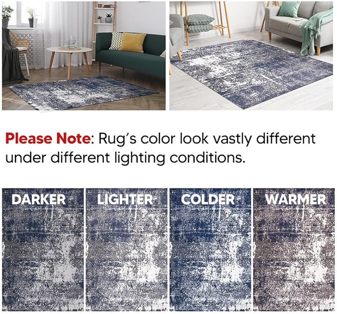 Keen Home Design Area Rugs - 5x8 Non-Shedding, Abstract Rugs for Kitchen, Living Room, Bedroom, Dining Room, Entryway - Size: 5'3" x 7'7", Navy/Grey/White