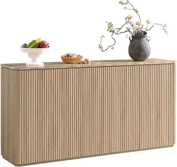 Fluted 4 Doors Sideboard Cabinet with Storage, 64" Wooden Credenza with Shelves, Faux Marble-Top Coffee Bar Console Table, Modern Buffet Cabinet for Dining, Kitchen, Living Room, Entryway, Natural Oak