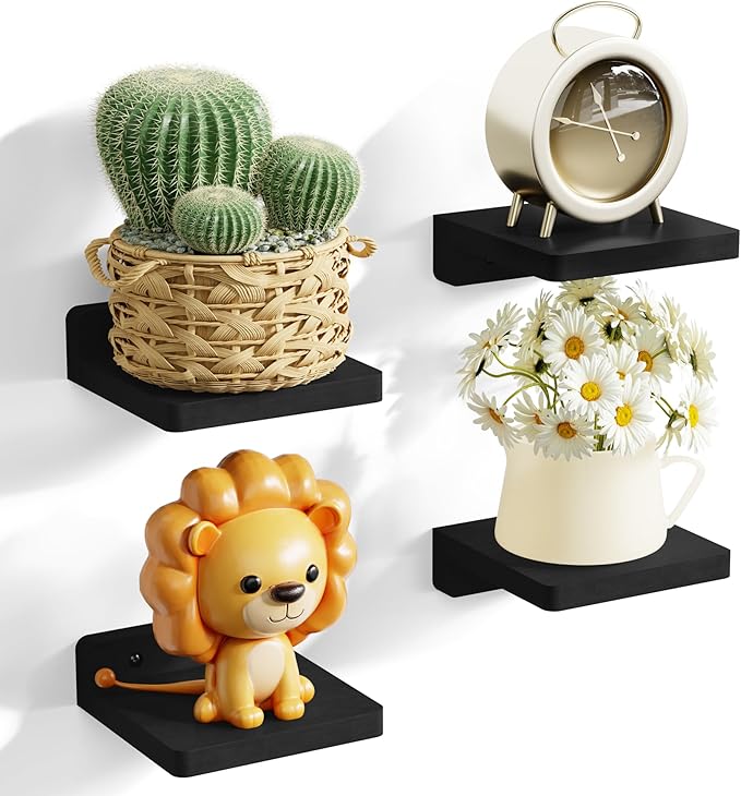 SRIWATANA Small Floating Shelves Wall Mounted, Wood Shelf for Decoration and Storage Set of 4, Mini Display Shelf for Bedroom, Bathroom, Kitchen, Office (Black, 5 inch)