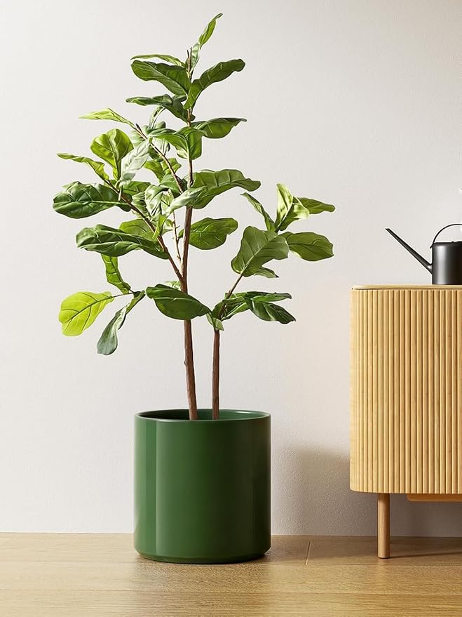 LE TAUCI 12 Inch Pot for Plants, Ceramic Planters for Indoor Plants, Mid-Century Modern Cylinder Flower Pots with Drainage Hole, Fits Fiddle Leaf Fig & Monstera, Home Decor, Bamboo Green