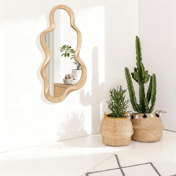 Asymmetrical Mirror for Wall Decor Modern Wooden Framed Irregular Mirrors Unique Shape Wall Mounted Vanity Artistic Wavy Mirror Decorative for Living Room Bedroom Bathroom Entryway 30"x14"