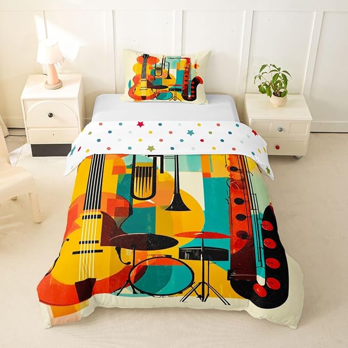 Erosebridal Retro Music Bedding Set Twin for Kids Adults - Abstract Musical Instrument Duvet Cover Mid Century Modern Jazz Comforter Cover,Trendy Geometric Square Bed Set