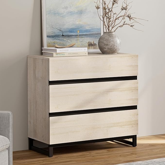 WAMPAT Dresser for Bedroom, Closet Organizers and Storage with 3 Drawers, Chest of Drawers with Metal Base, Modern Wood Dresser for Living Room, Hallway, Entryway, Light Oak